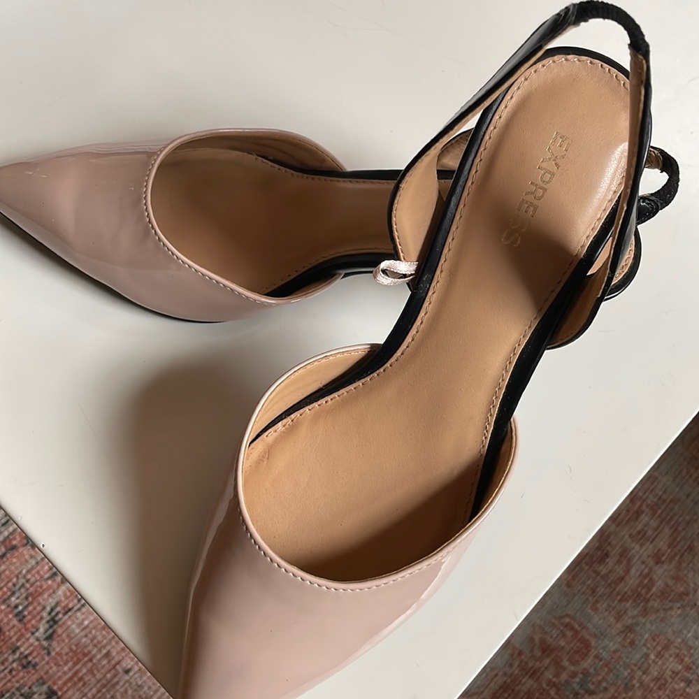 Nude & black sling back kitten heel